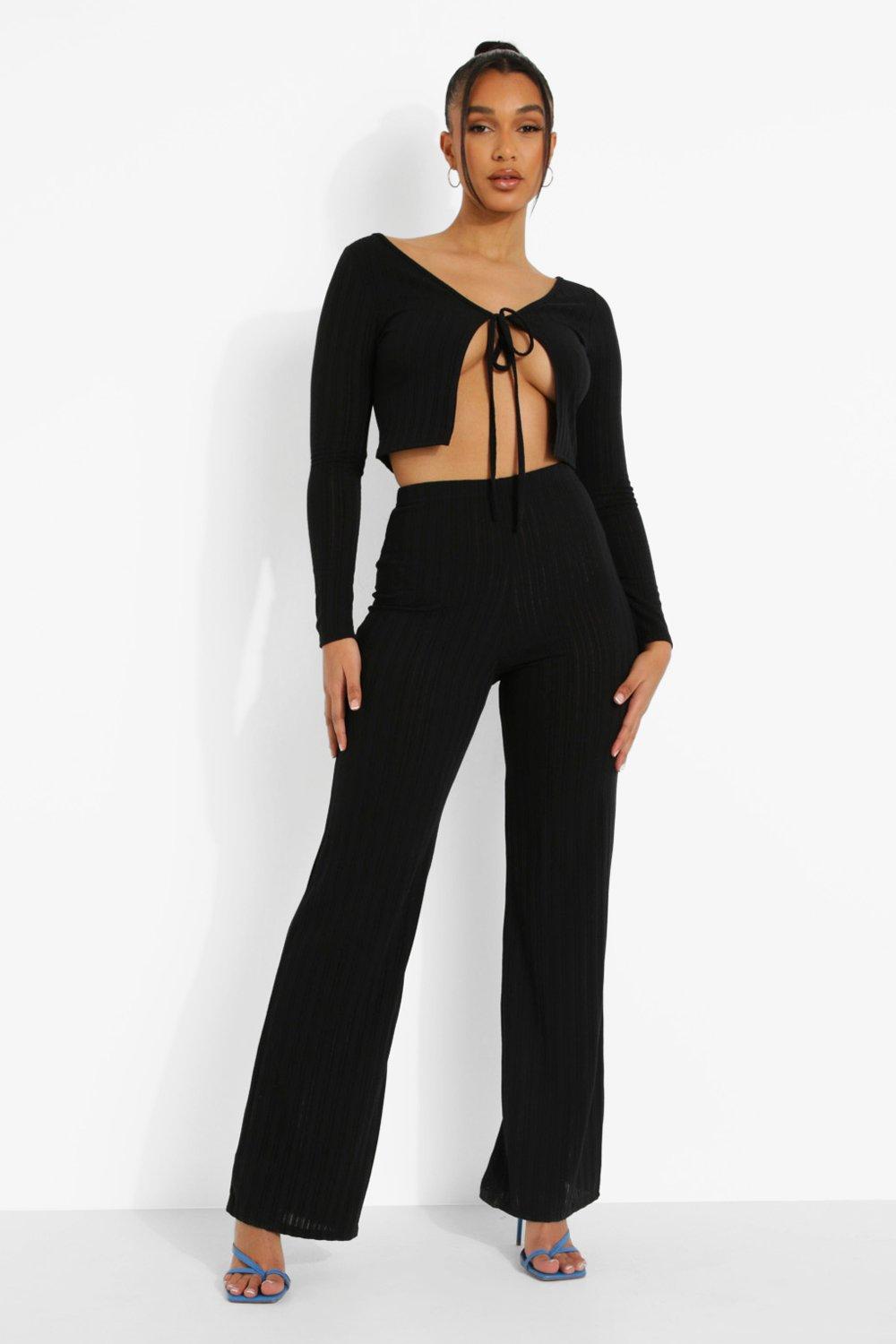 Women's Ribbed Tie Front Cardigan And Wide Leg Trousers