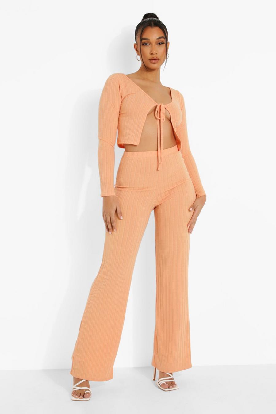 Orange Ribbed Tie Front Cardigan And Wide Leg Pants image number 1