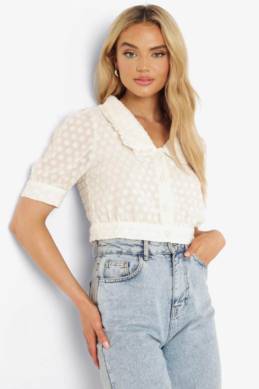 Nude Ruffle Collar Cropped Blouse image number 1