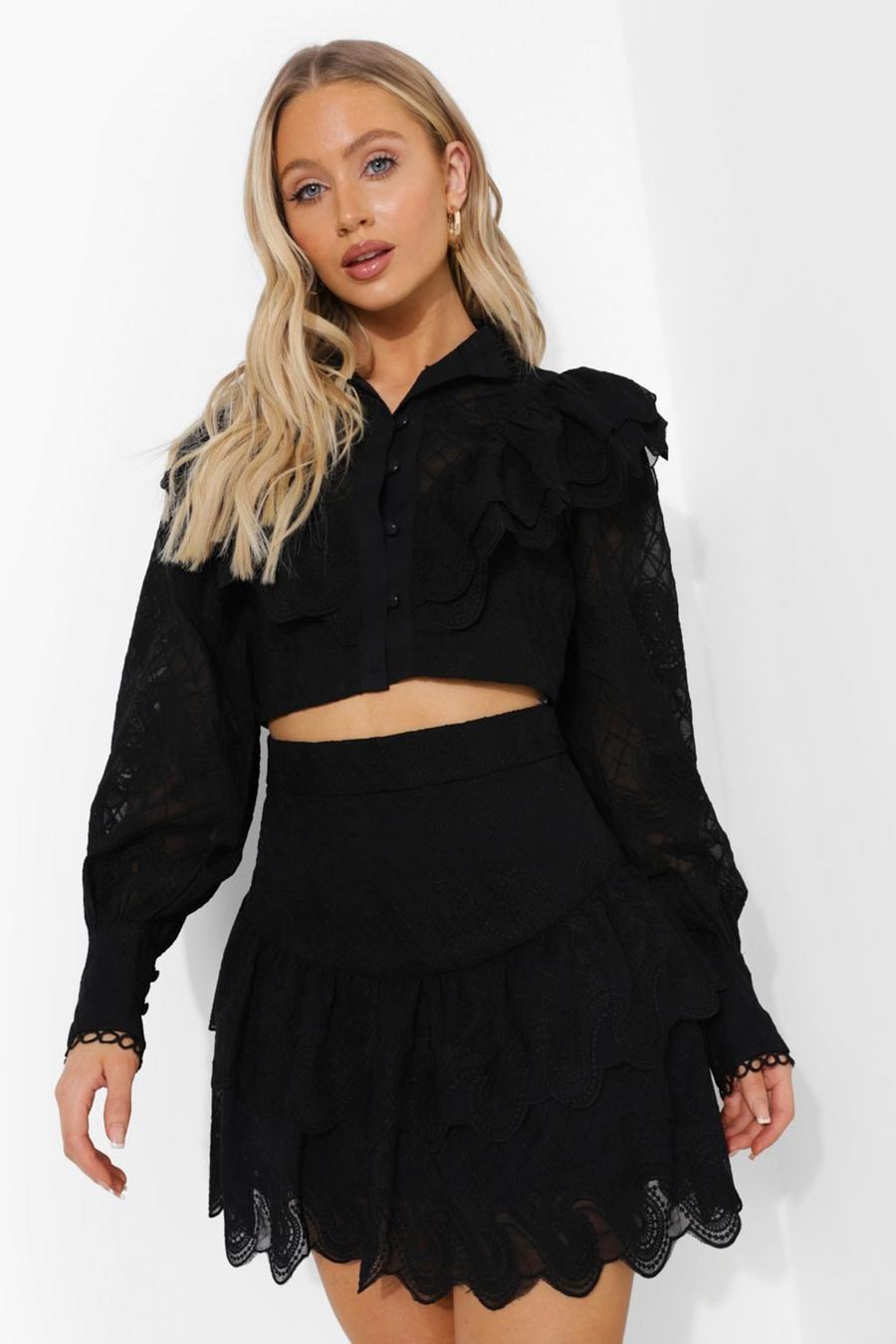 Black Ruffle Front Cropped Lace Blouse image number 1
