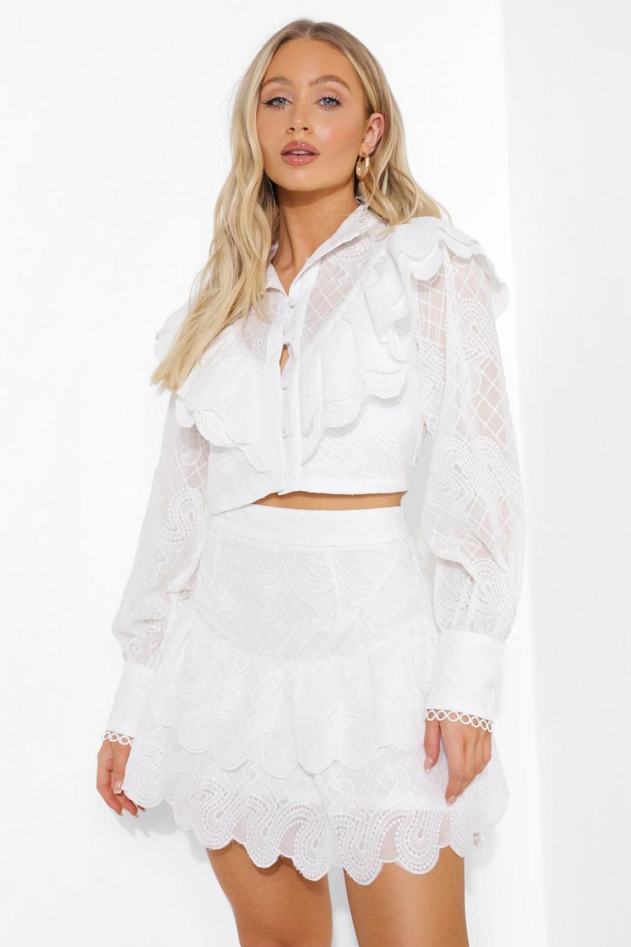 Ivory white Ruffle Front Cropped Lace Blouse