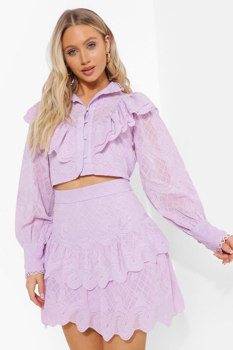 Lilac purple Ruffle Front Cropped Lace Blouse
