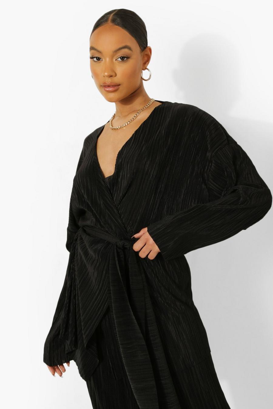Black Plisserad kimono med knytskärp image number 1