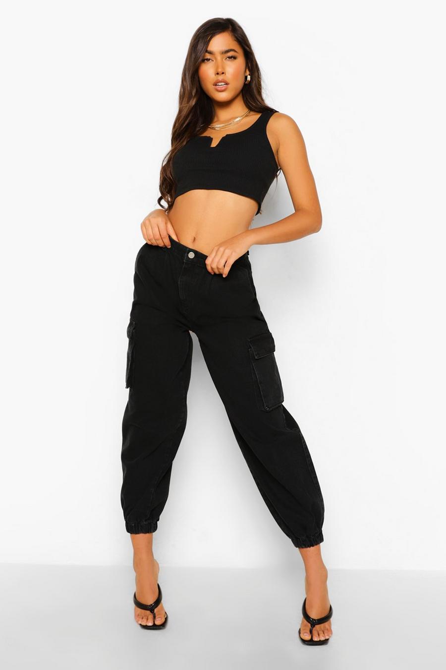 True black Denim Elasticated Cuff Joggers With Pockets image number 1