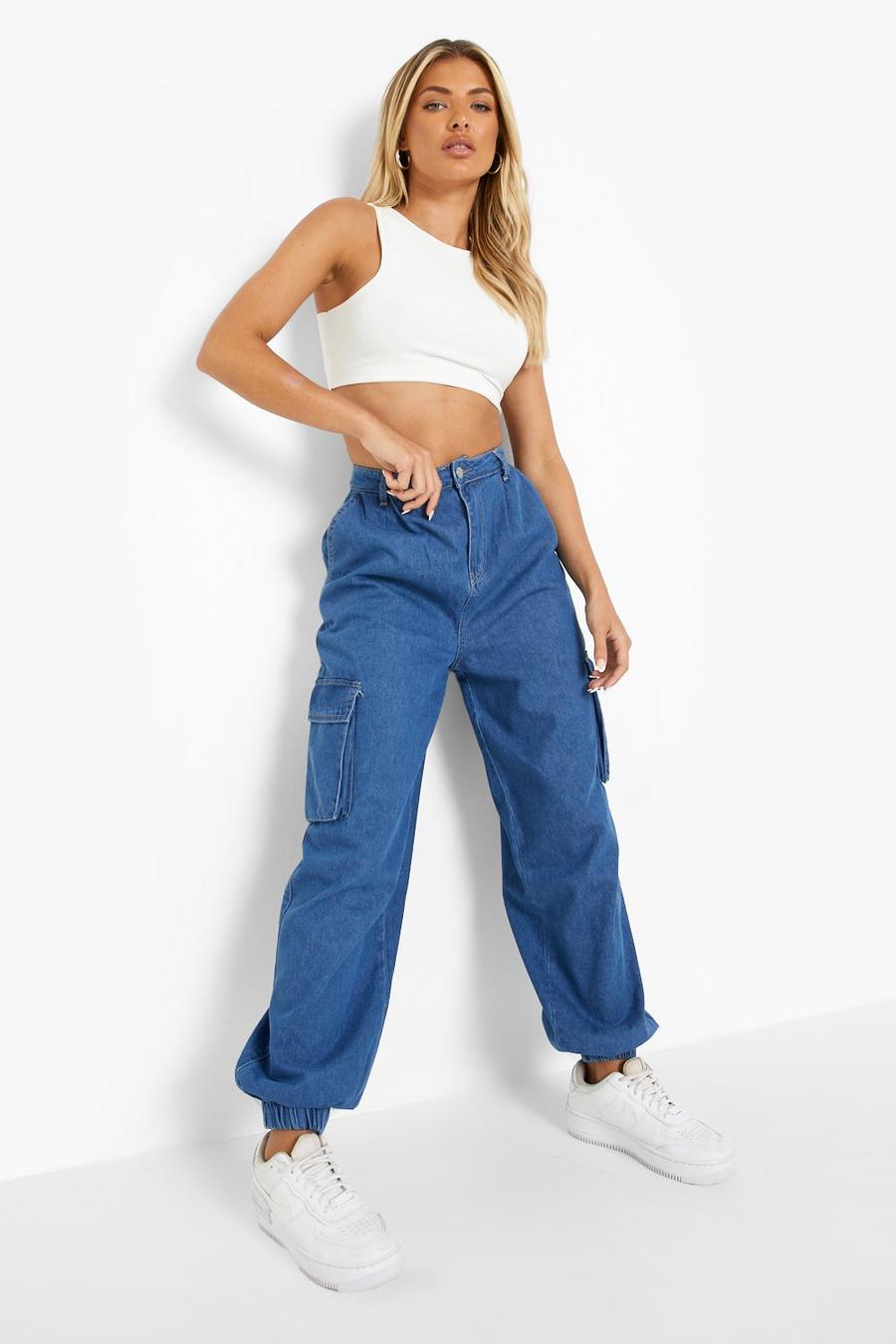 Mid blue Denim Elasticated Cuff Joggers With Pockets image number 1