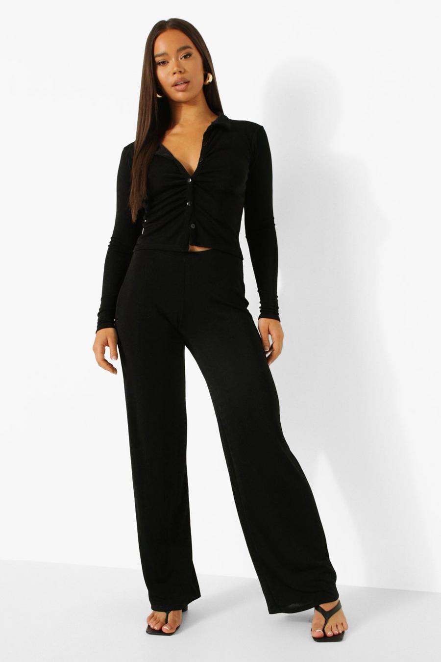 Strukturierte Bluse aus glänzendem Jersey und weite Hosen, Schwarz image number 1