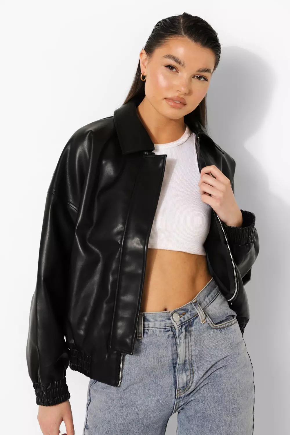 Oversized Faux Leather Bomber Jacket