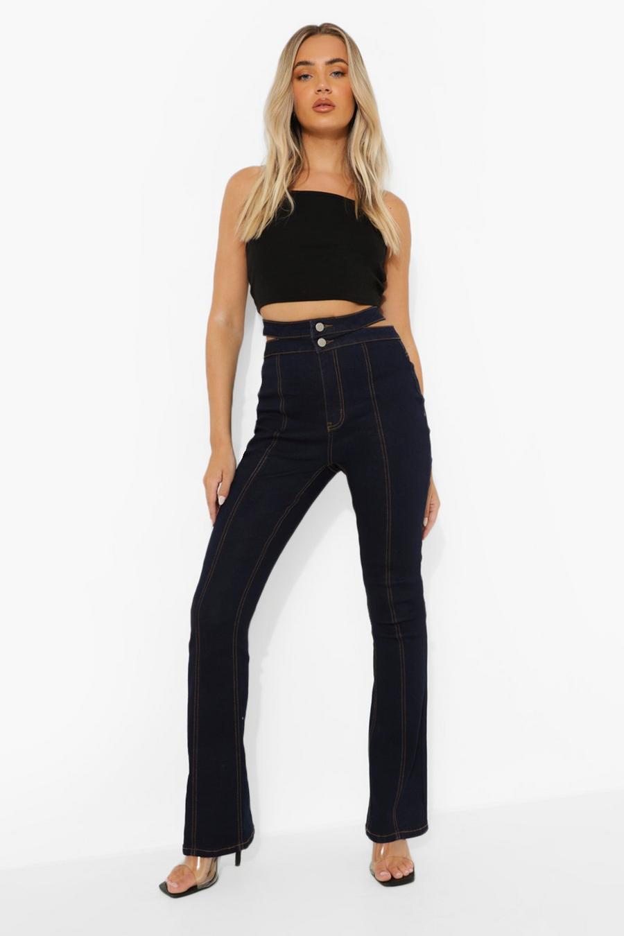 שטיפה כהה מכנסי ג'ינס מתרחבים high waist עם פתחים image number 1