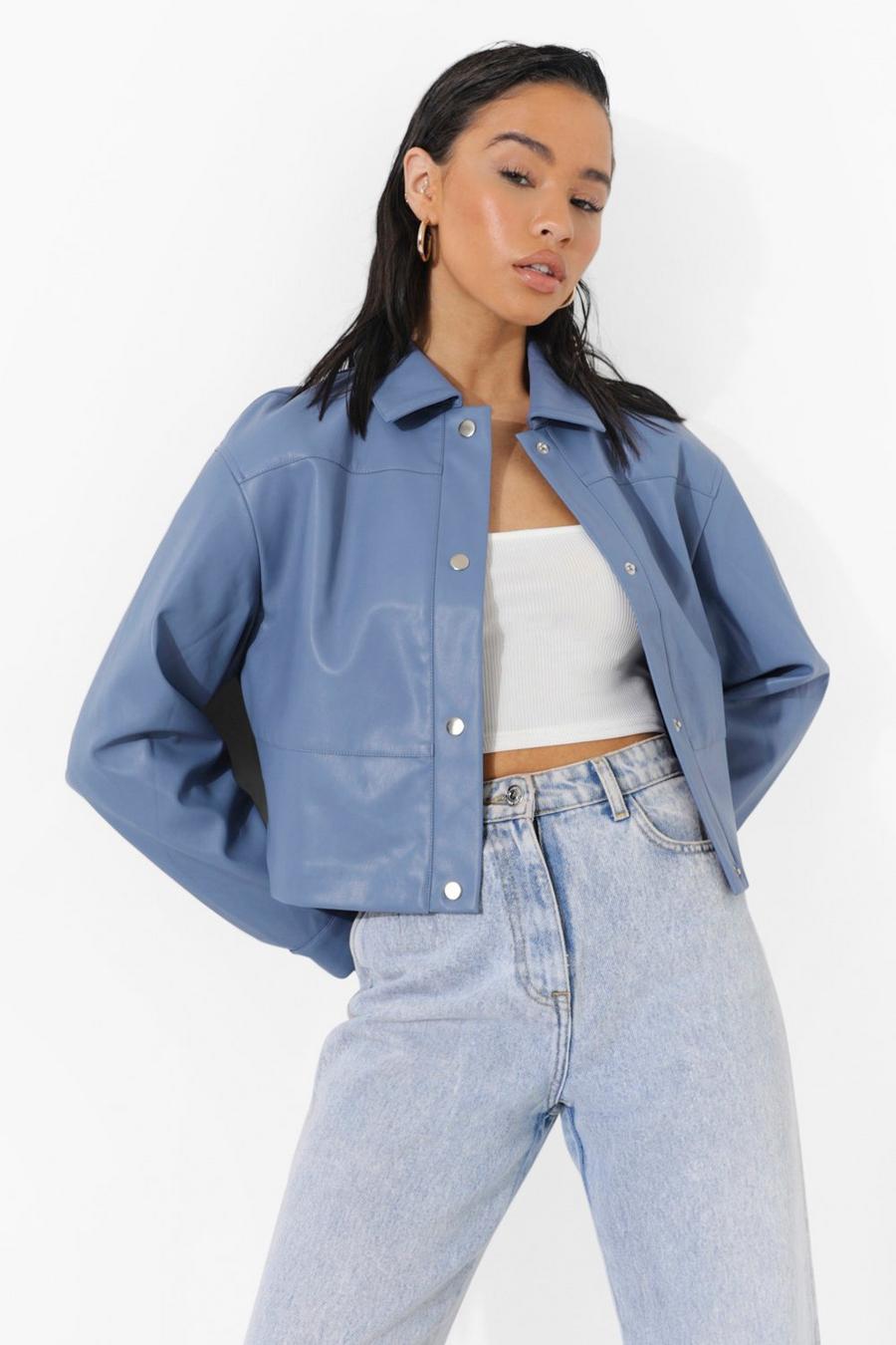 Blue Structured Faux Leather Shacket