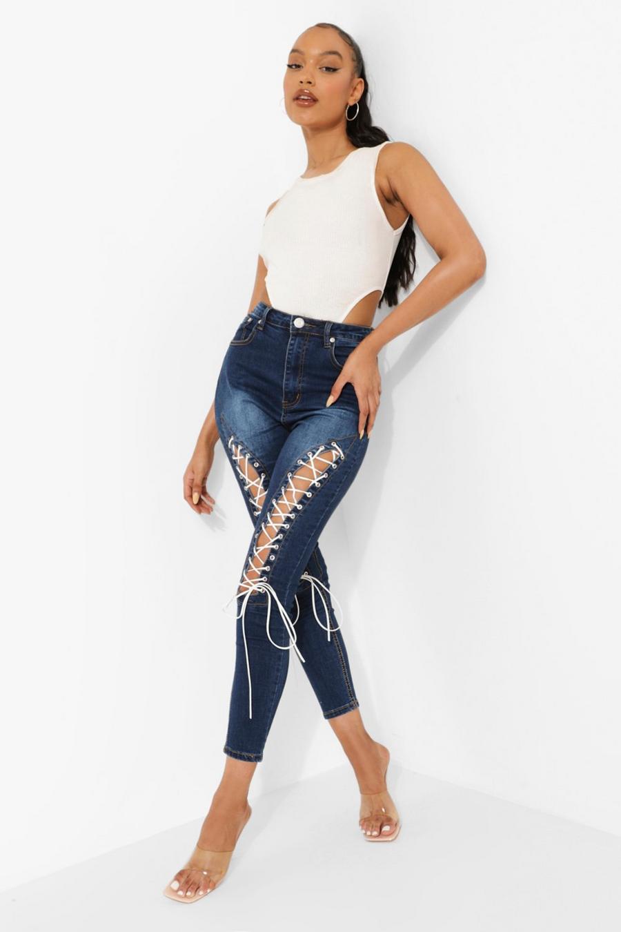 Dark wash Lace Up High Waist Skinny Jeans image number 1