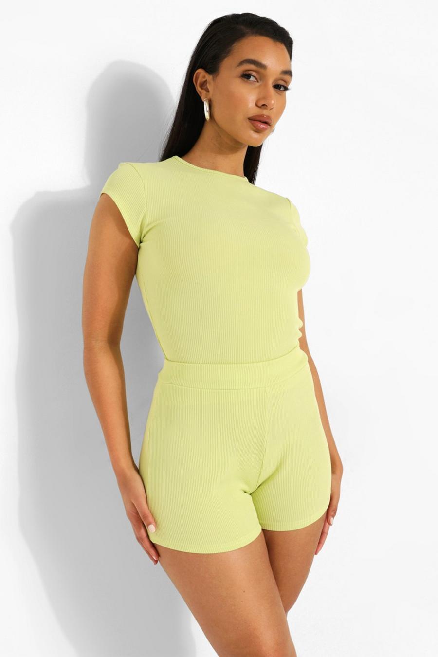 Lime green Cap Sleeve Fitted Crew Neck Rib T-shirt