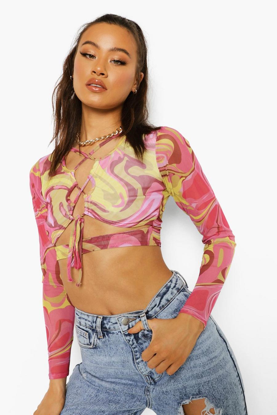 Pink rosa Marble Printed Lace Up Crop Top