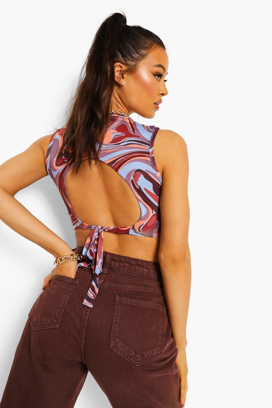 Chocolate Marble Print Open Back Crop Top image number 1