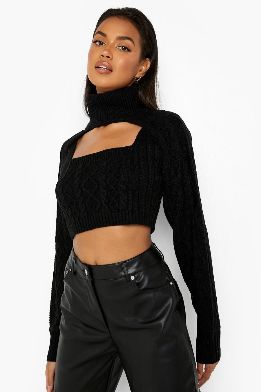 Black Cable Knit Bralet And Arm Warmer Co-ord image number 1