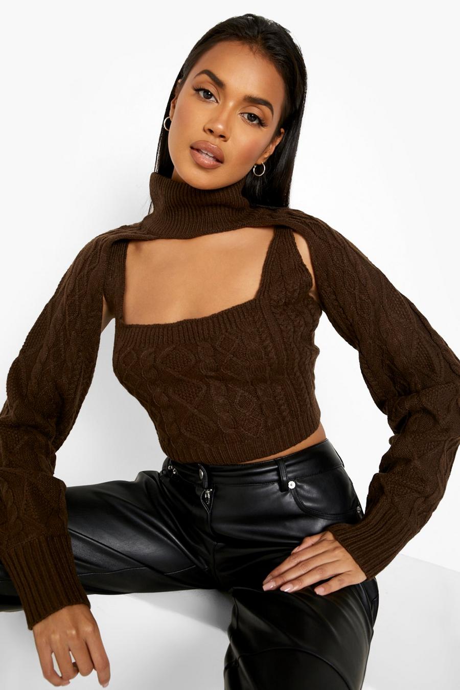 Chocolate Cable Knit Bralet And Arm Warmer Co-ord image number 1