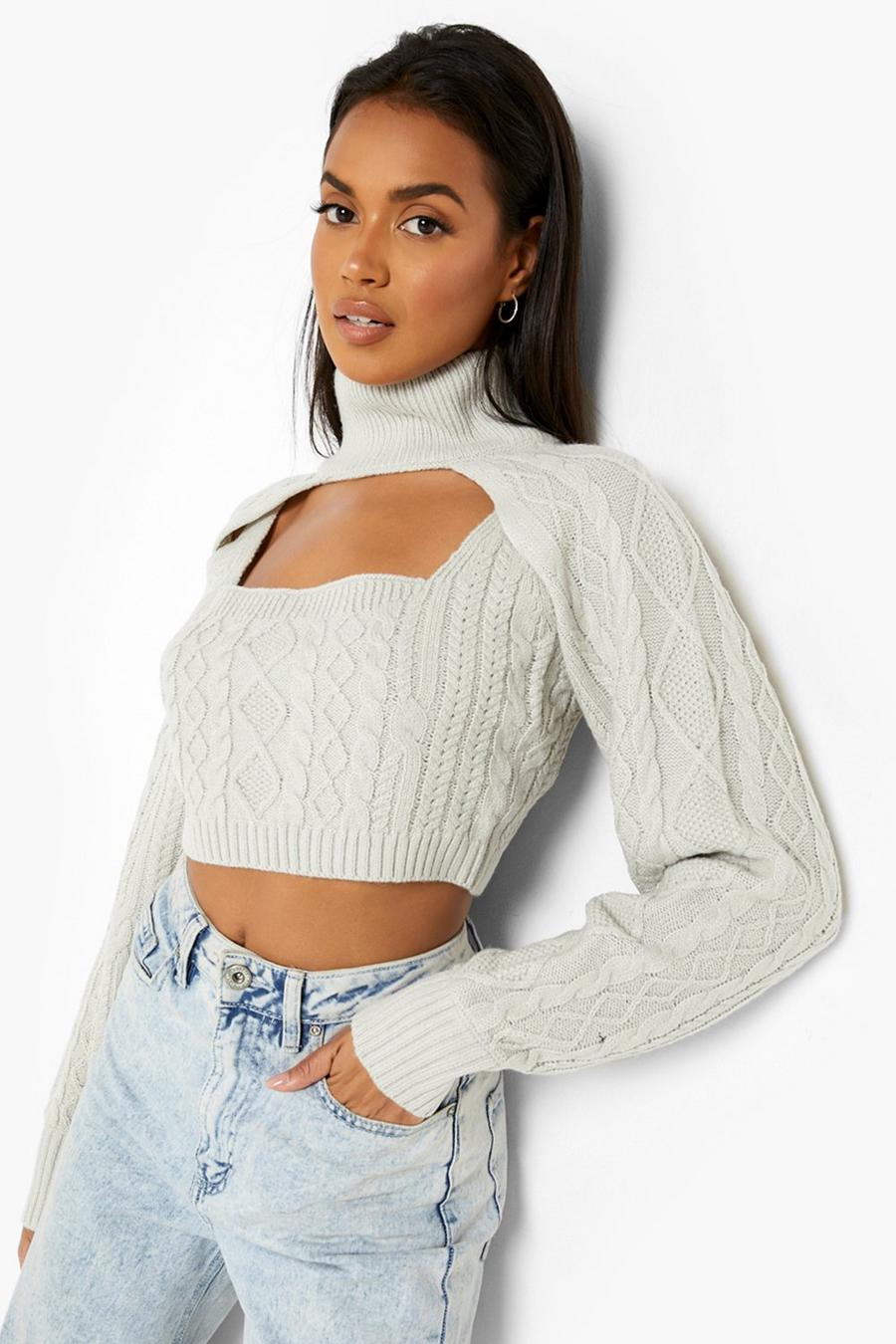Grey Cable Knit Bralet And Arm Warmer Co-ord image number 1