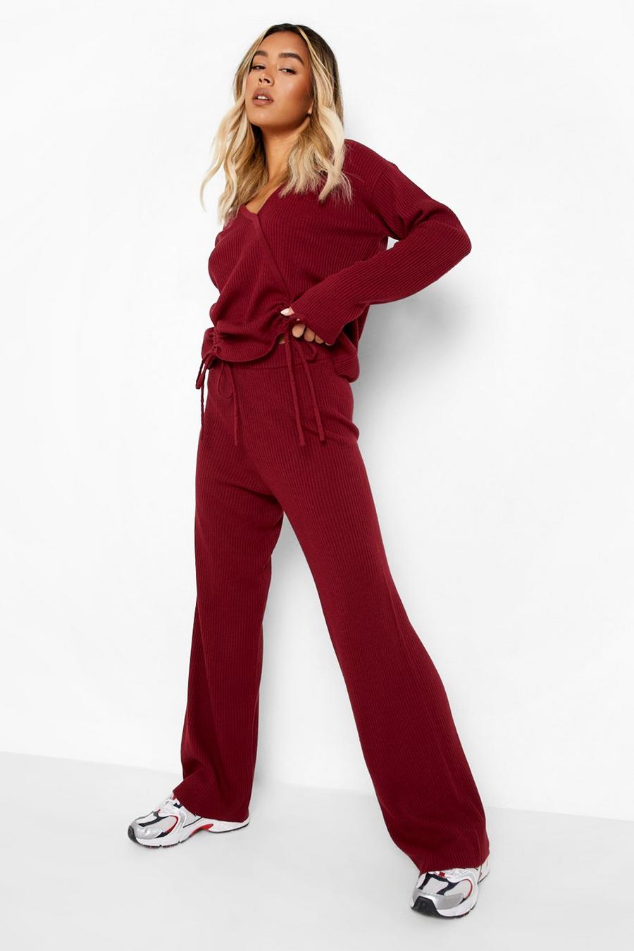 Dark red Ruched Slouchy Rib Knit Co-ord image number 1