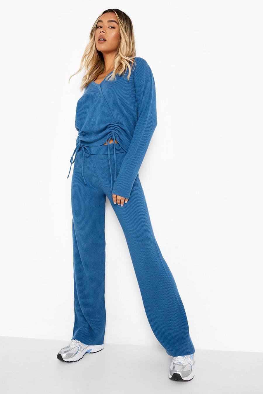 Teal Ruched Slouchy Rib Knit Co-ord image number 1