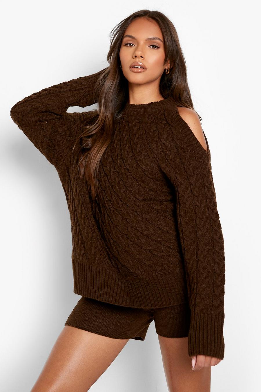 Chocolate Cut Out Detail Cable Knit Shorts Co-ord image number 1