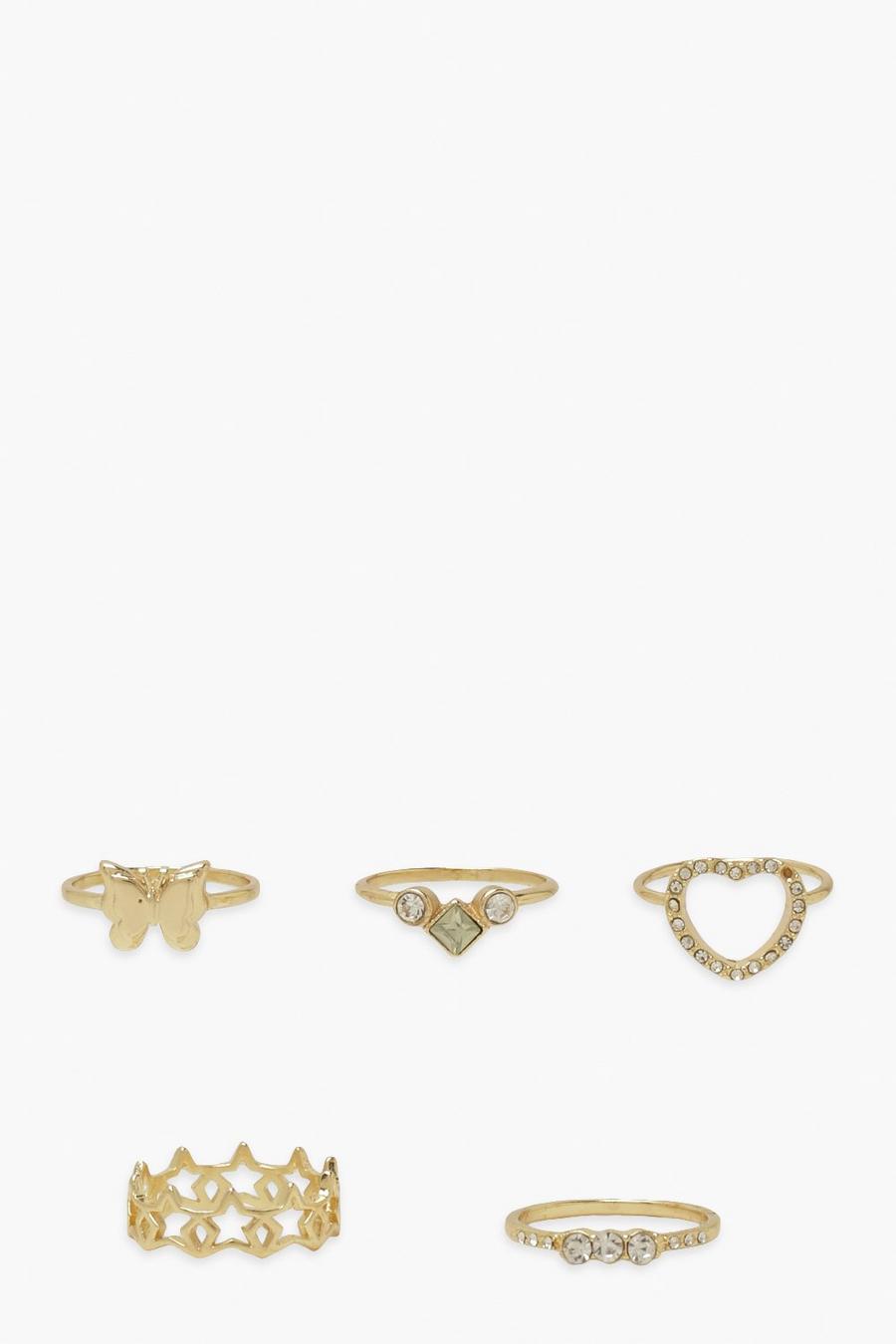Gold Openwork Diamante Heart Ring Pack image number 1