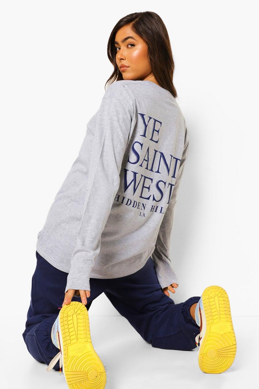 Gråmelange "Ye Saint West" T-shirt med tryck bak image number 1