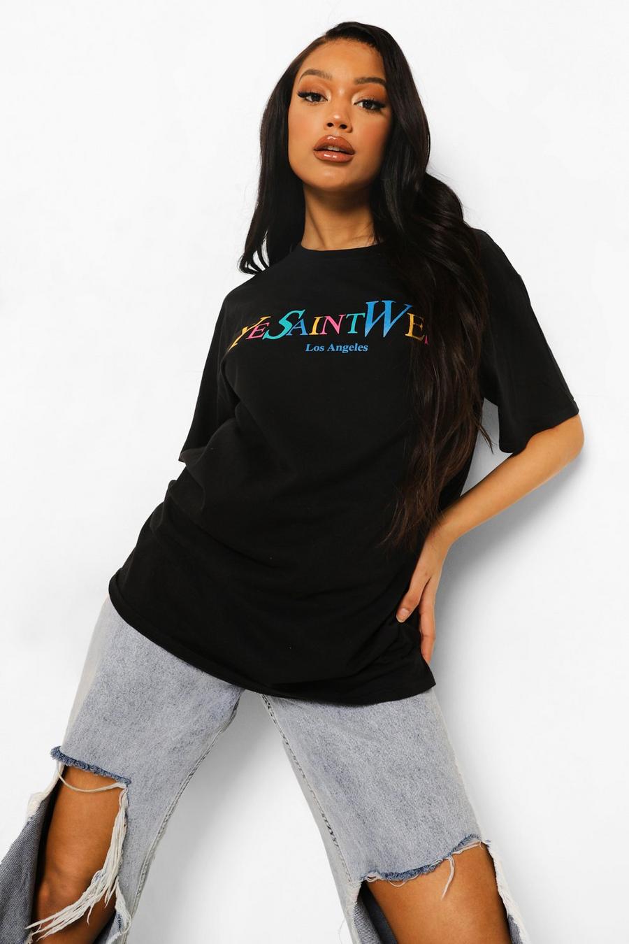 Svart "Ye Saint West" Oversize t-shirt med text i regnbågsfärger image number 1