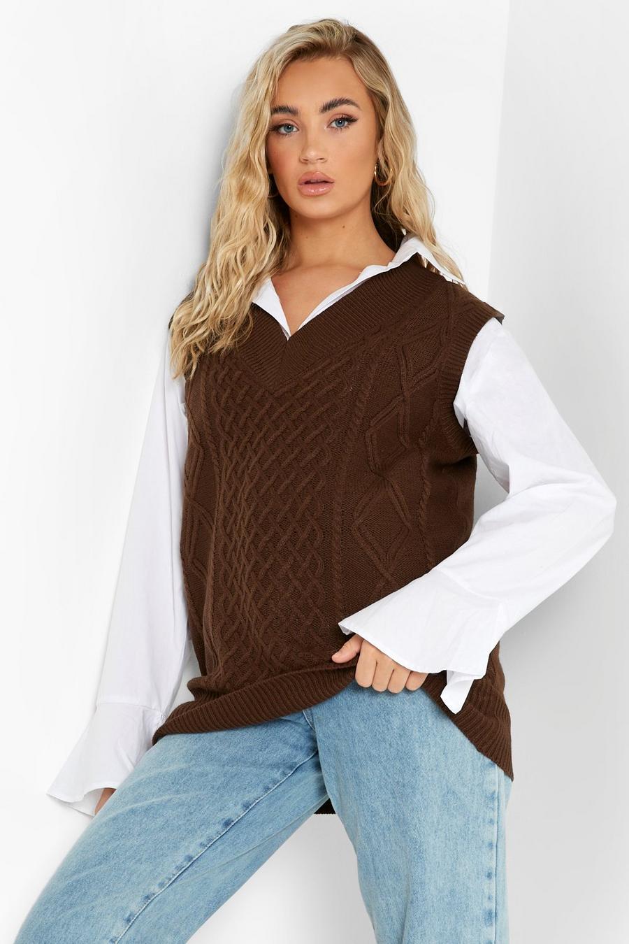 Chocolate Cable Knit Sweater Vest image number 1