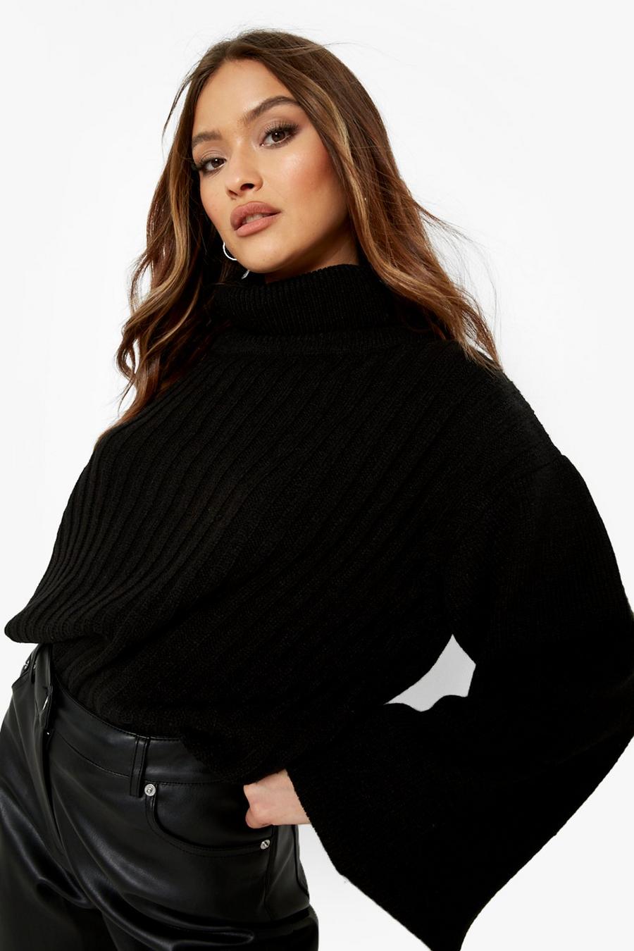 Black Mixed Stitch Balloon Sleeve Jumper image number 1