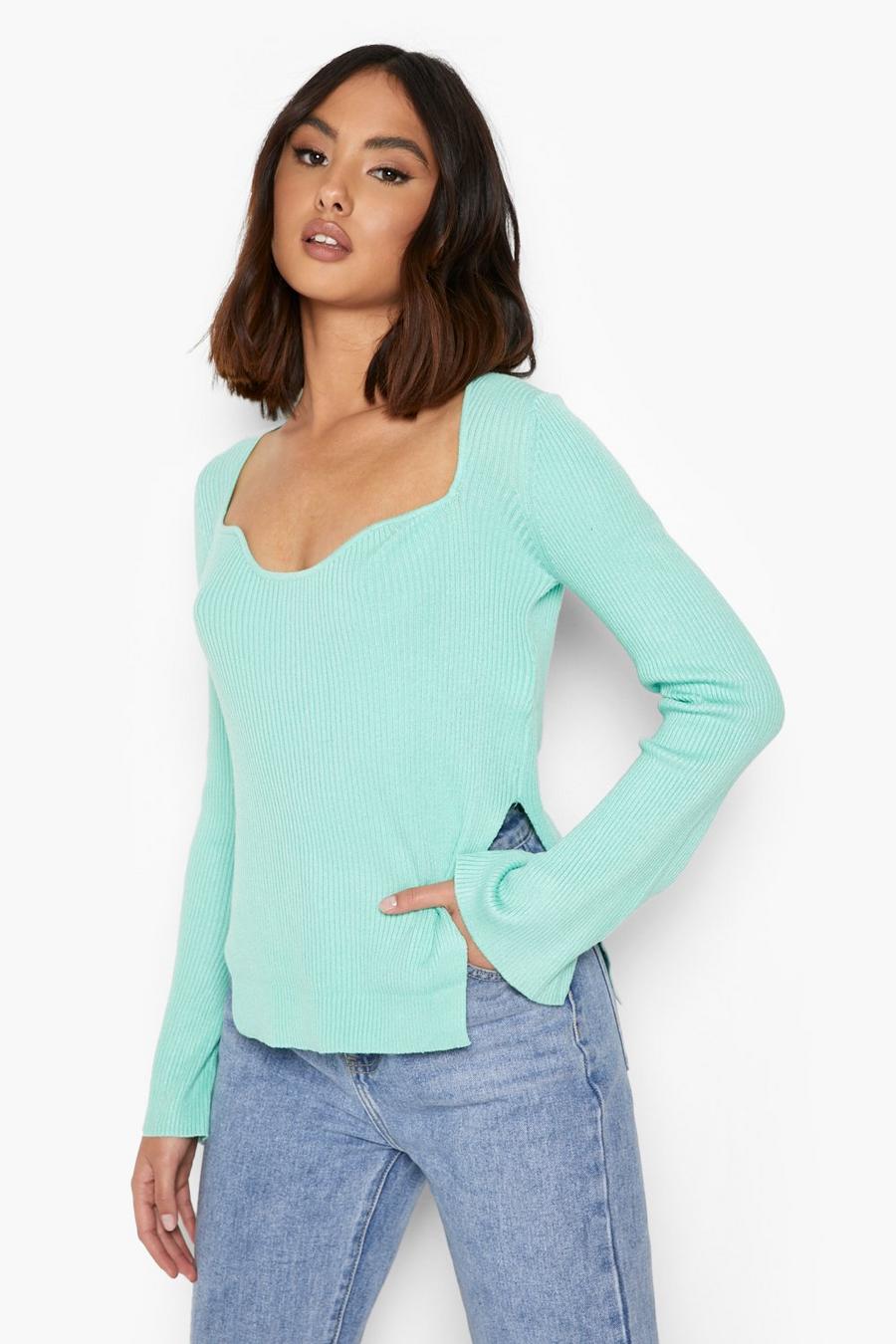 Green Sweetheart Neckline Rib Knit Sweater image number 1