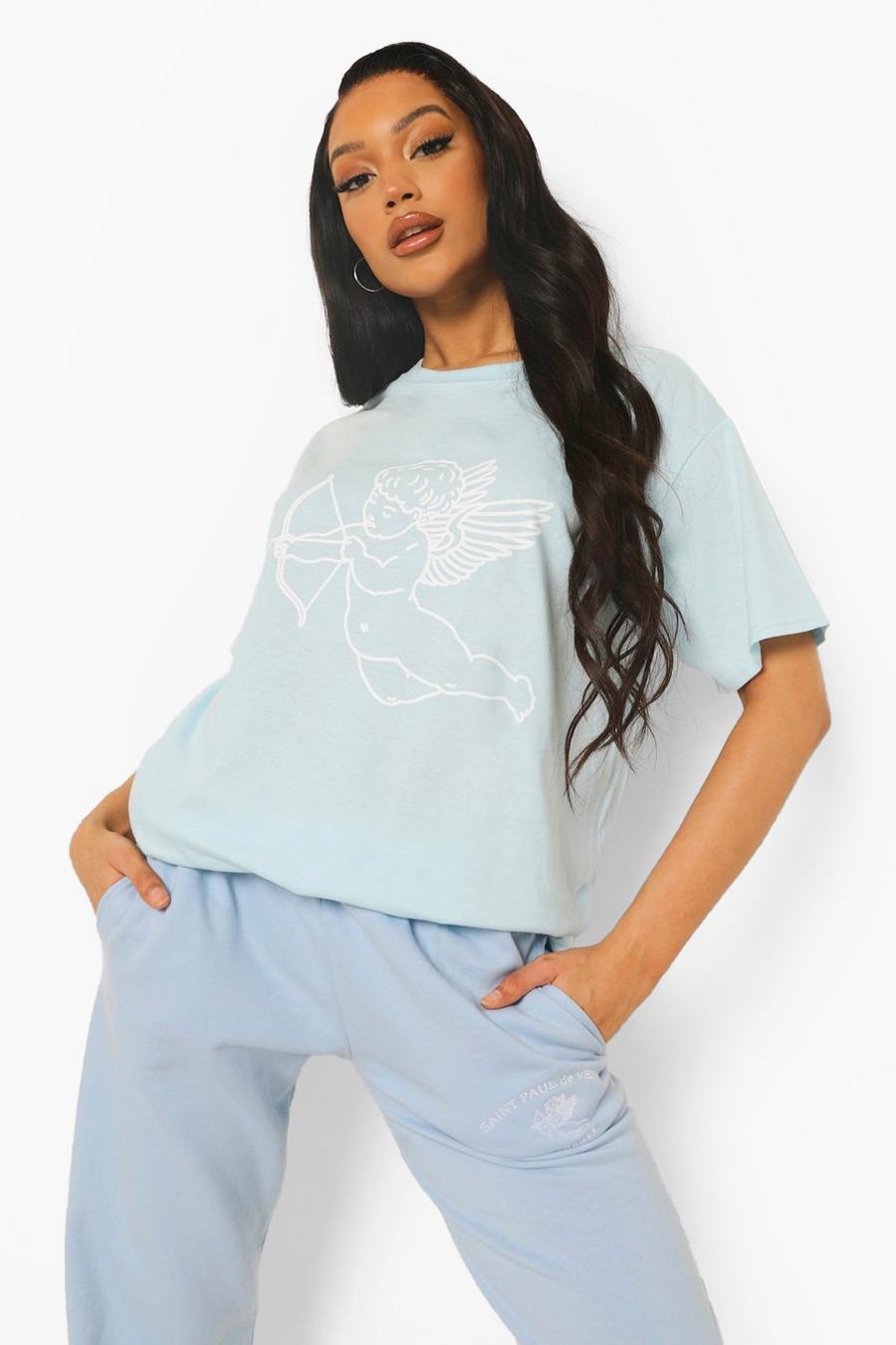 Pale blue Cupid Print Oversized T Shirt image number 1