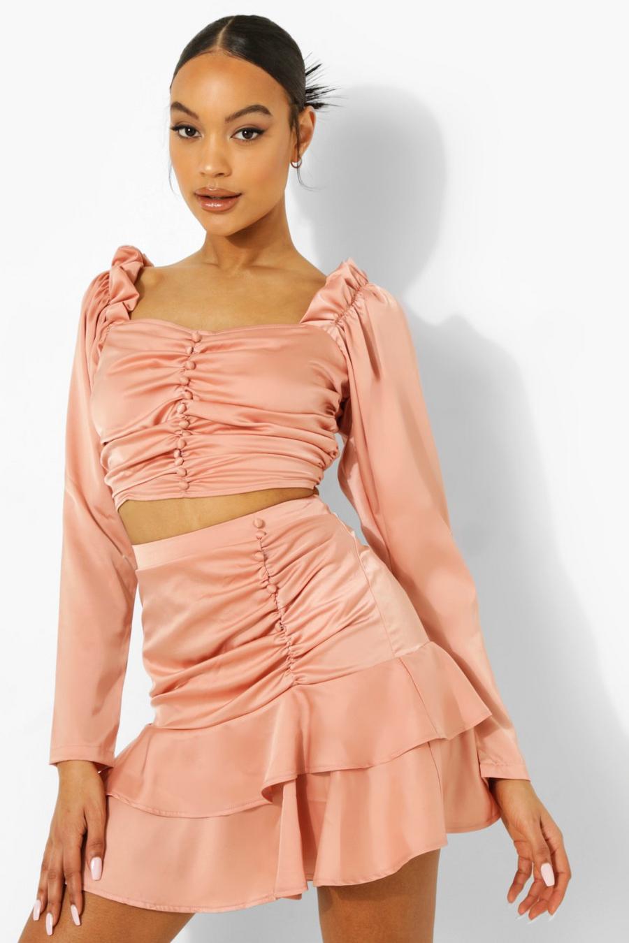 Blush Ruched Pep Hem Button Front Mini Skirt image number 1