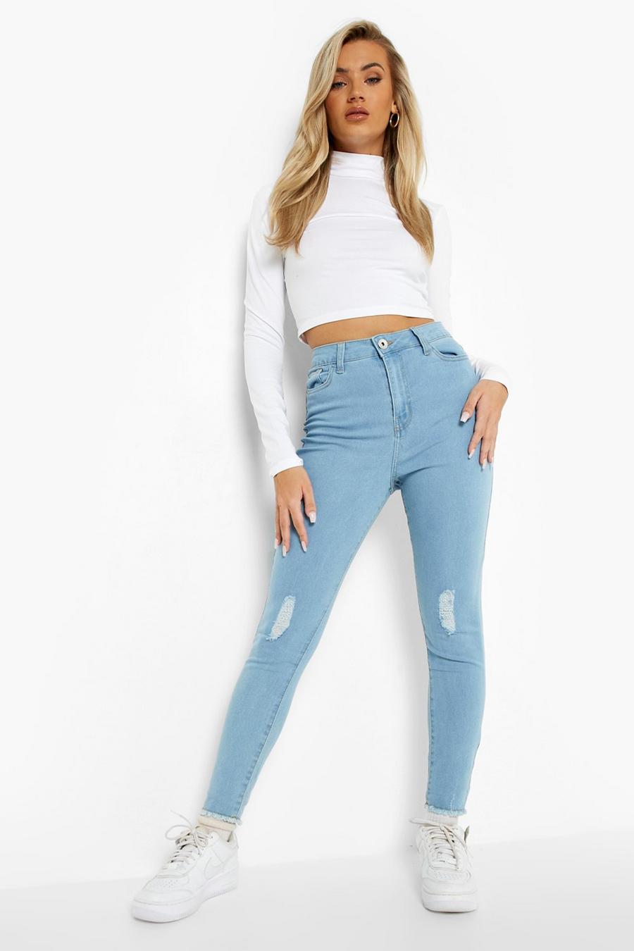 Light blue Slitna skinny jeans med hög midja image number 1