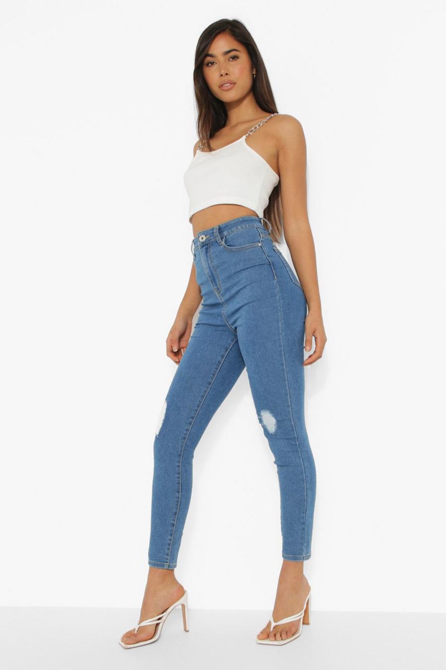 Mid blue Slitna skinny jeans med hög midja image number 1