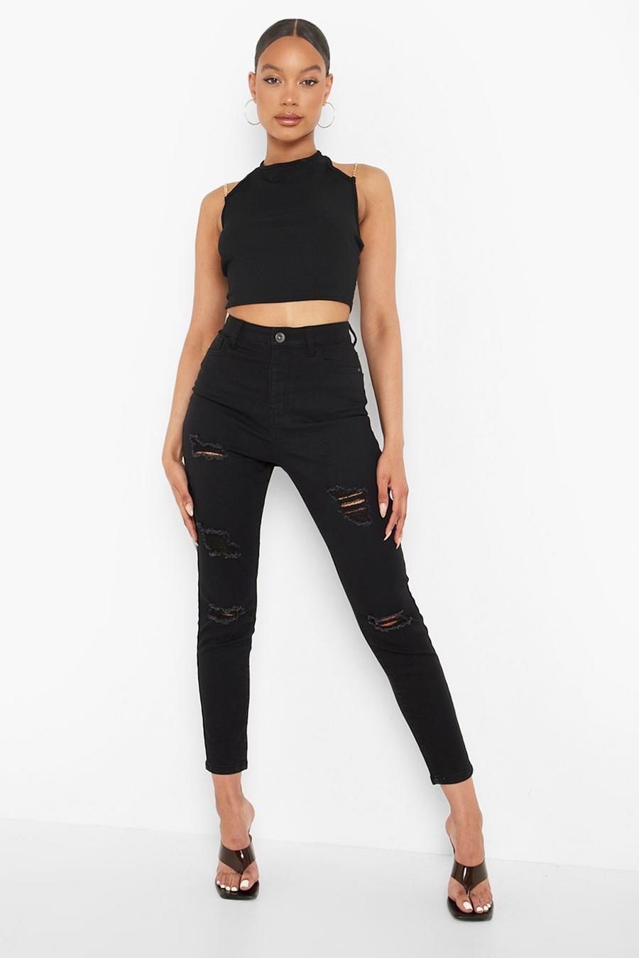 True black High Waisted Extreme Ripped Skinny Jeans image number 1