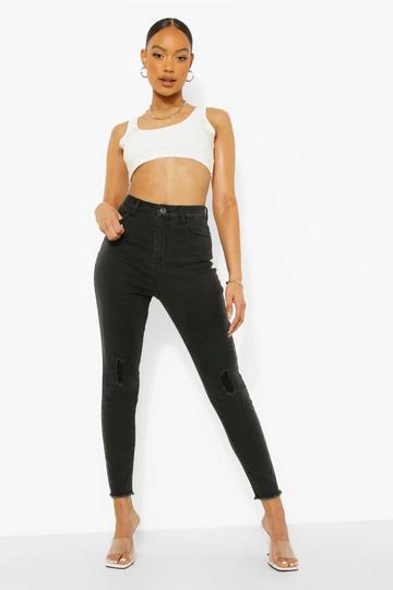 High Waisted Frayed Distressed Skinny Jeans washed black