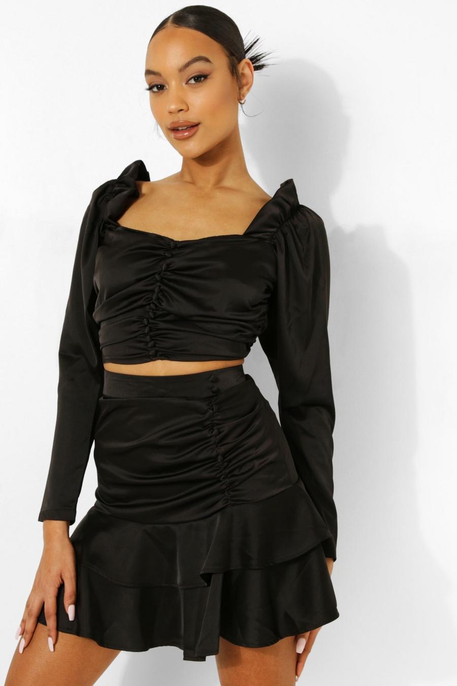 Black Puff Sleeve Ruched Bust Crop Top image number 1