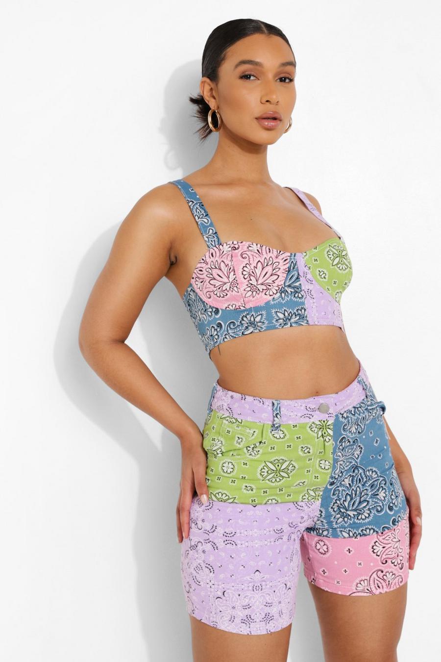 Pink Bandanna Patchwork Cupped Denim Bralet image number 1