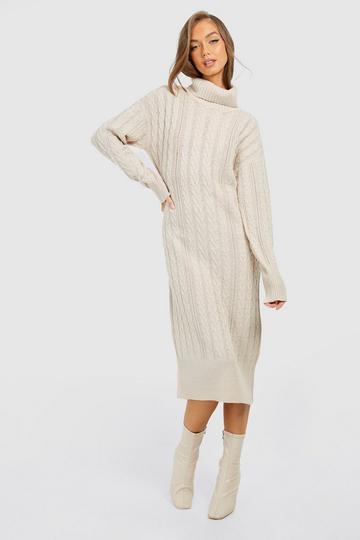 Cable Knit Turtleneck Midi Dress stone