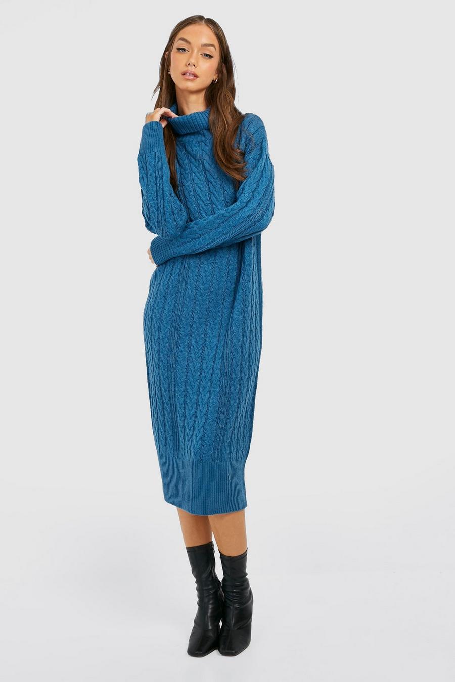 Teal Cable Knit Roll Neck Midi Dress