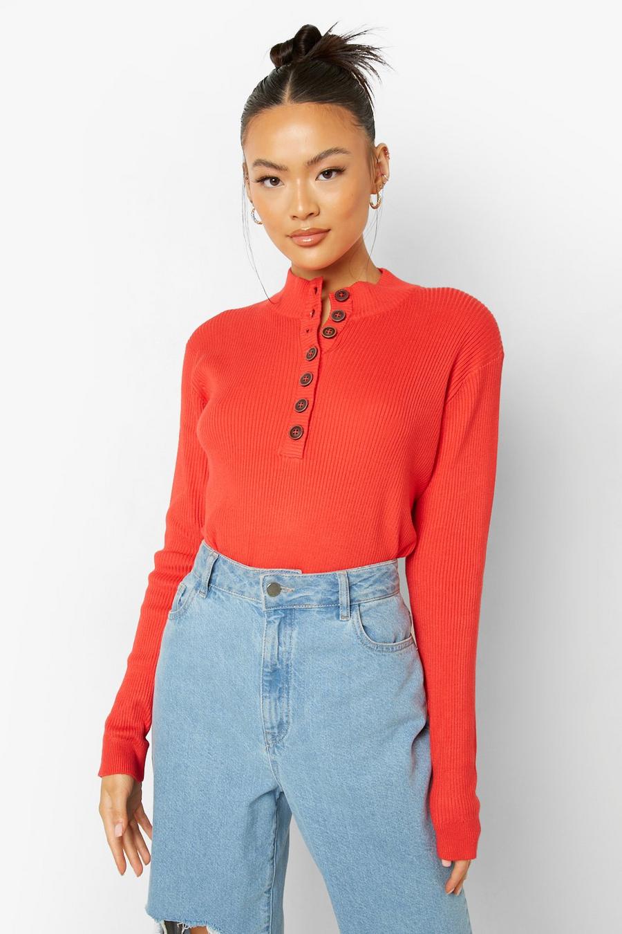 Cherry Rib Knit High Neck Button Through Jumper image number 1