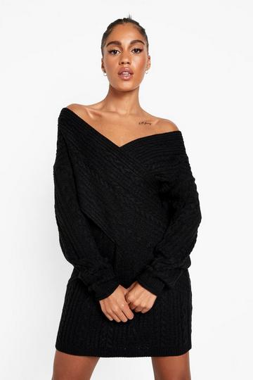 Black Off The Shoulder Cable Knitted Sweater Dress