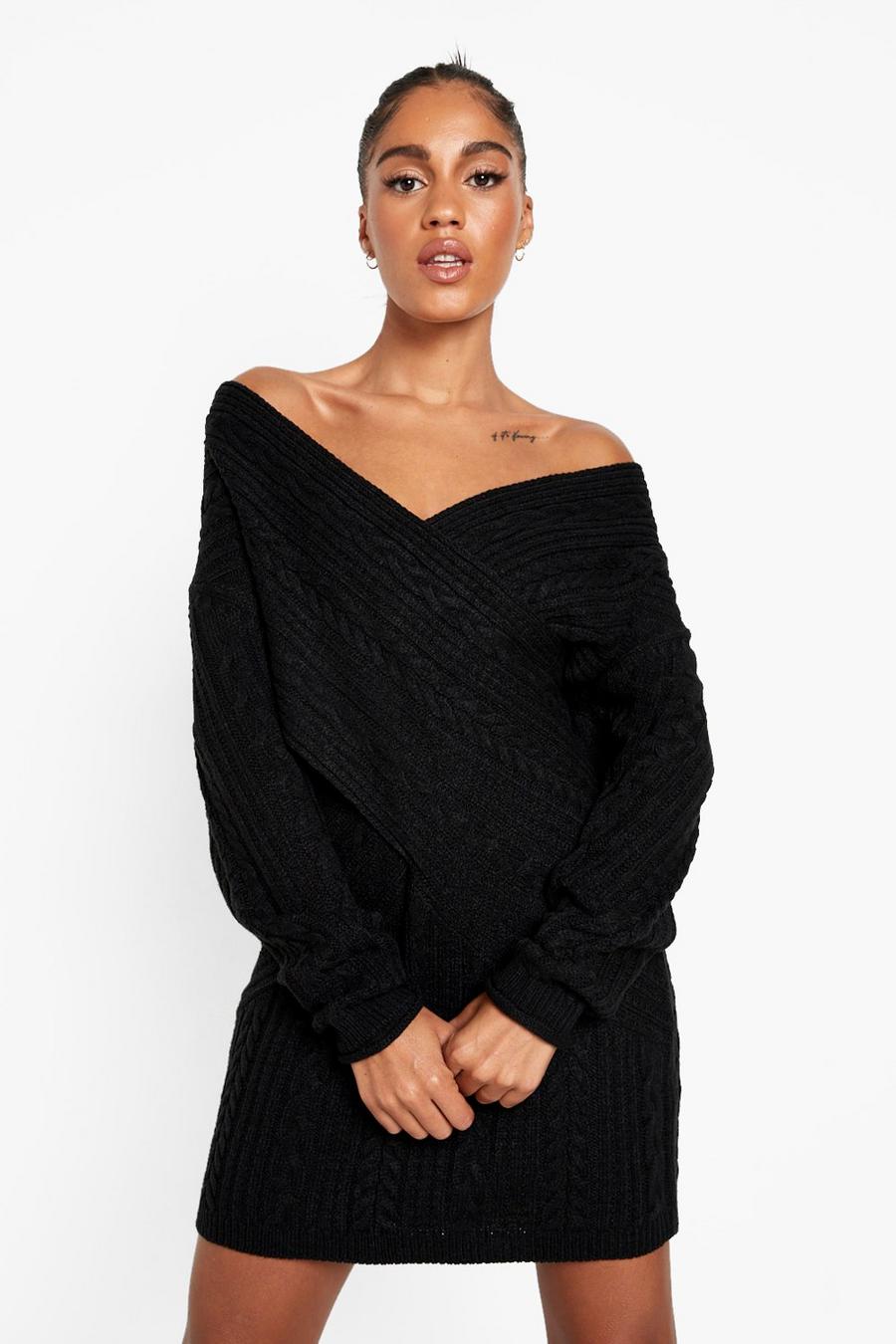 Black Off The Shoulder Cable Knitted Sweater Dress image number 1