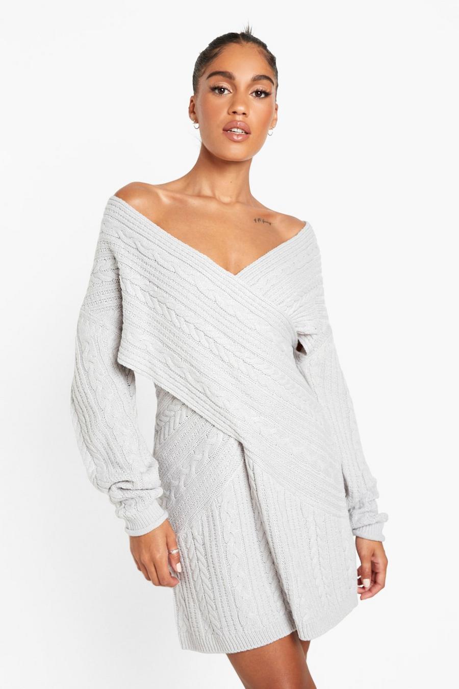 Grey Off The Shoulder Cable Knitted Sweater Dress