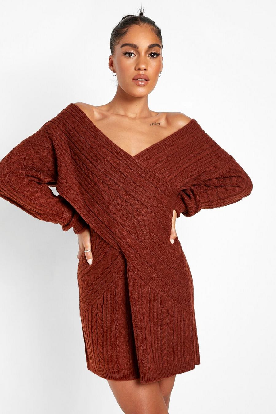 Mahogany marron Off The Shoulder Cable Knitted Jumper Dress