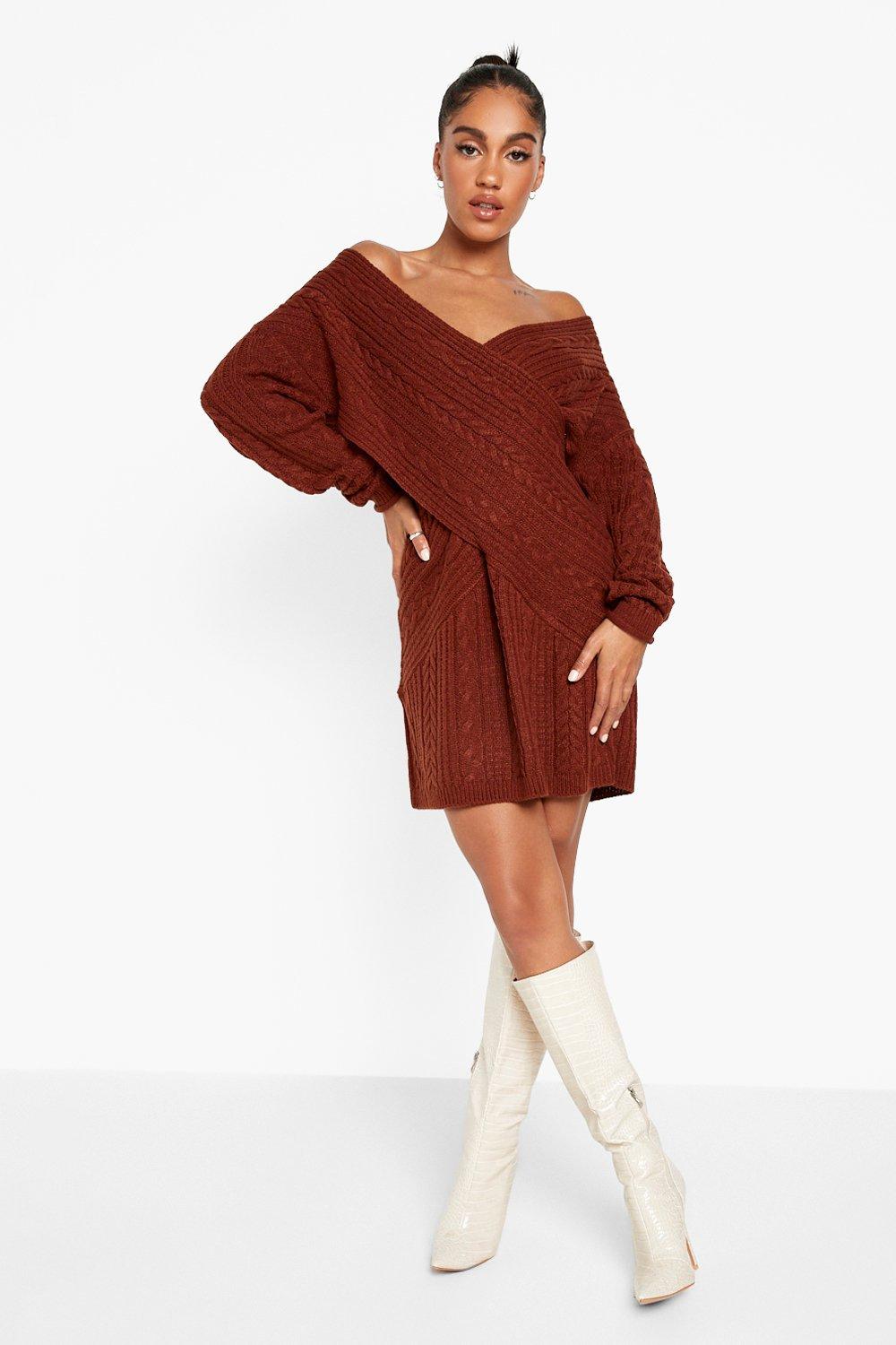 off the shoulder cable knit sweater dress