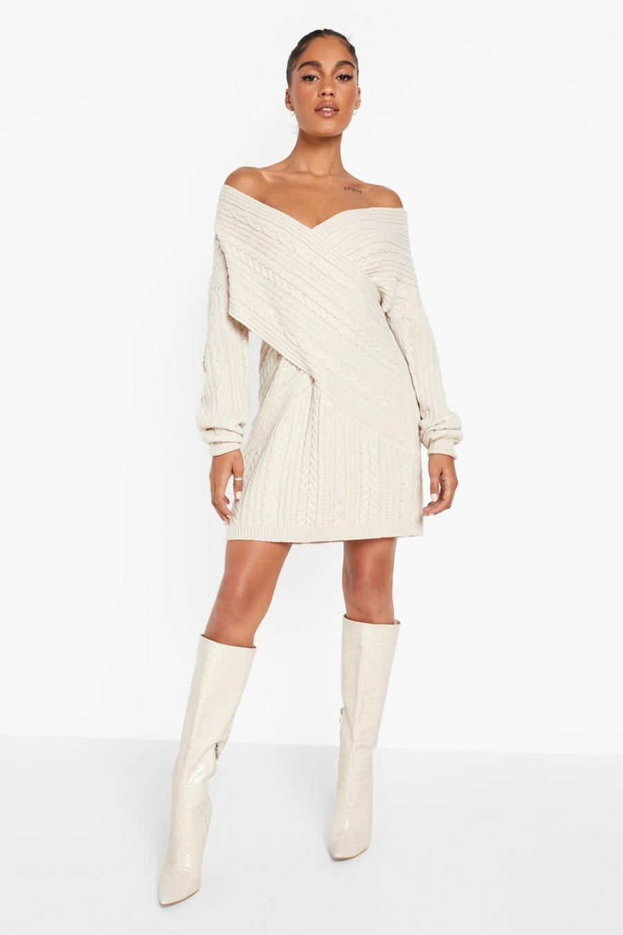 Stone beige Off The Shoulder Cable Knit Sweater Dress