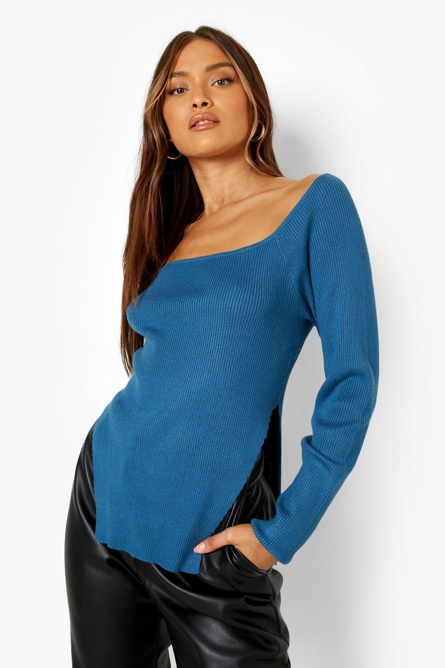 Teal Square Neck Curved Hem Rib Knit Sweater image number 1