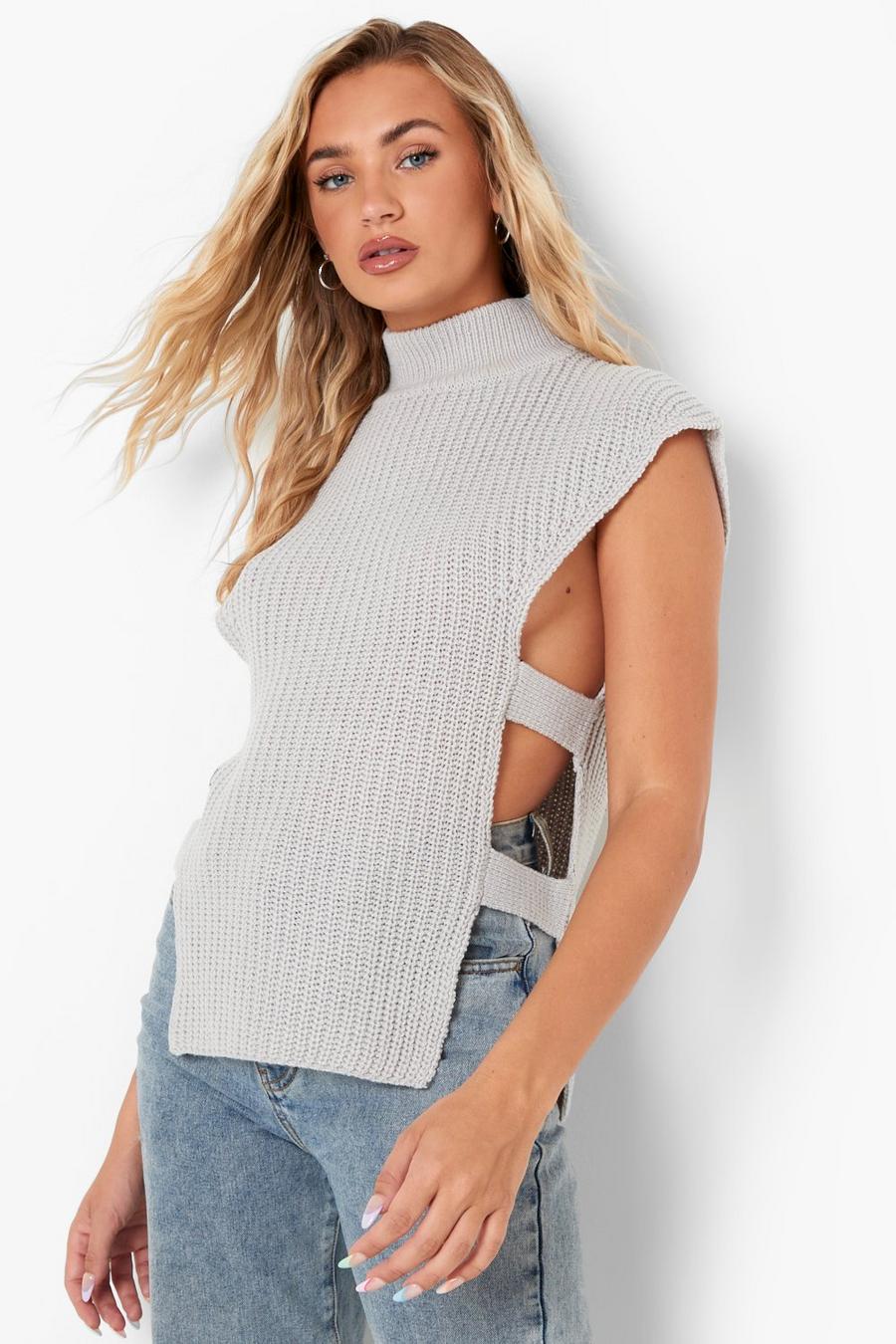 Grey Open Knit High Neck Sweater Tank Top image number 1
