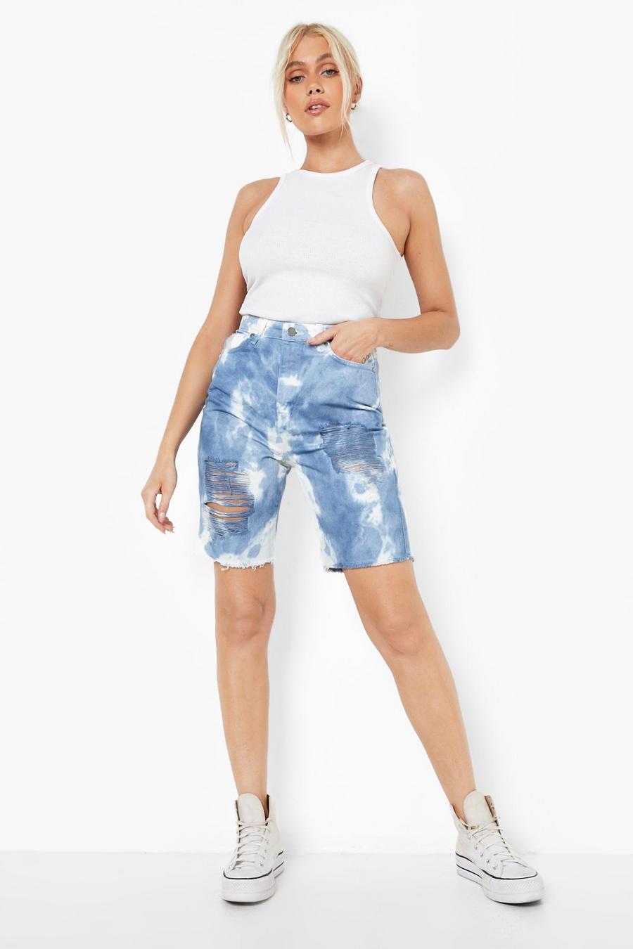 Blue High Waisted Tie Dye Ripped Denim Shorts image number 1