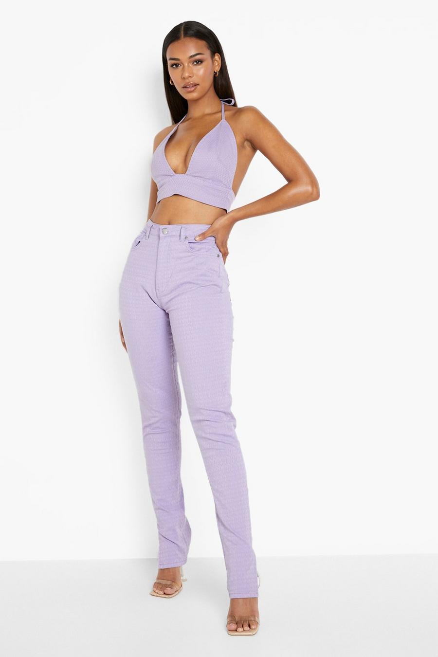 Purple Jacquard Denim High Waist Split Hem Jeans image number 1